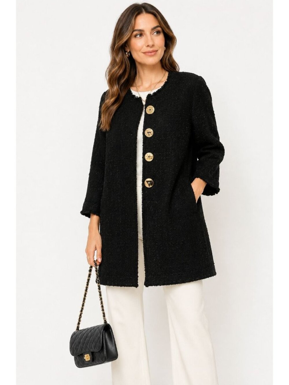 Zara Woman Black Tweed Boucle Long Jacket Coat Size L Gold Statement Buttons